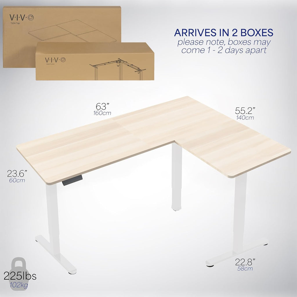 VIVO Electric Corner L-Shaped 63 x 55 in Standing Desk, Memory Height Adjustment, Light Wood Top White Frame, DESK-E3CTC