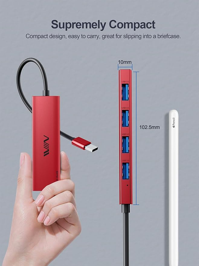 USB 3.0 Hub,4 Port USB Splitter Extender Portable Adapter Multiport Data Hub for Laptop,Xbox, Flash Drive,HDD,Console,Camera,Keyborad,Mouse Windows,Mac OS PC,Not Designed to Charge Devices-Red