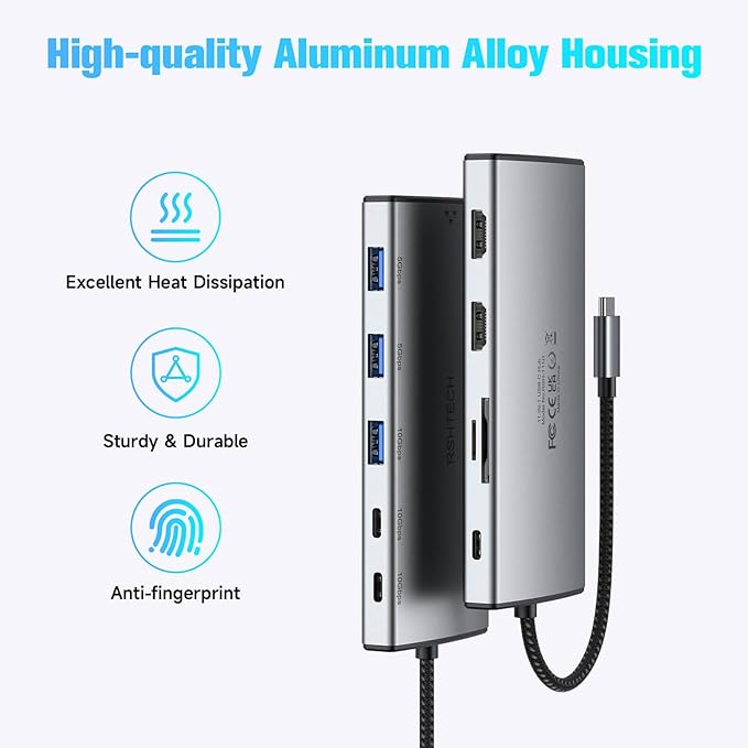 USB C Docking Station Dual Monitor, RSHTECH 11-in-1 USB C Hub Multiport Adapter with 2 HDMI 4K/8K, 3 USB 3.2 Ports 10Gbps(2C+1A), 2 USB 3.0 Ports, 100W PD, Gigabit Ethernet, SD/TF Card Reader