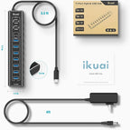 Powered USB Hub, 11-Port ikuai Hybrid USB 3.2/ USB C Hub with PD Charging Port and 60W Power Adapter, Aluminum USB Splitter Including 3 10Gbps Ports and 7 USB 3.0 Ports for PC, Laptop and More