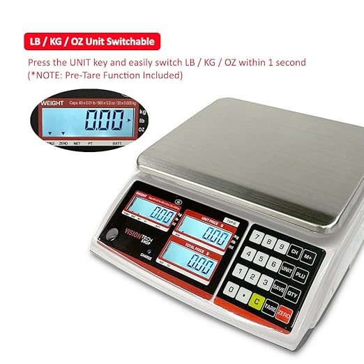 VisionTechShop TVP-60B Price Computing Scale, Lb/Oz/Kg Switchable, 60lb Capacity, 0.01lb Readability, NTEP Legal for Trade COC #19-038, NSF Certified