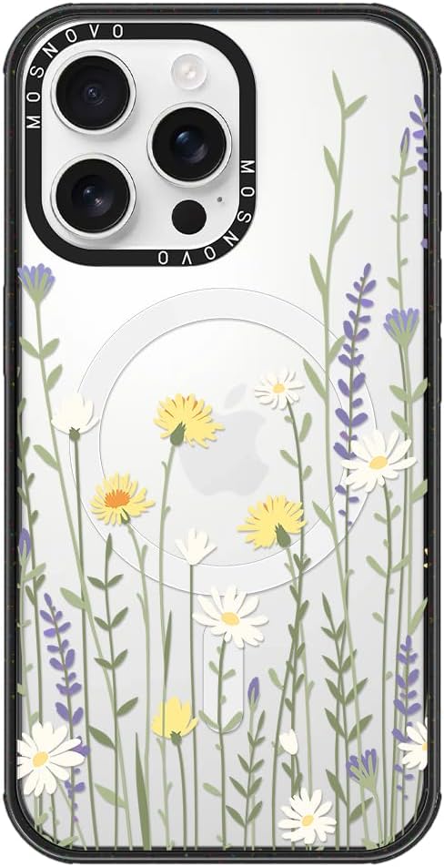 MOSNOVO Magnetic Case for iPhone 16 Pro Max, 10ft Military-Grade Protection, Compatible with Magsafe, Shockproof Phone Case for iPhone 16 Pro Max - Wild Meadow - Clear Black