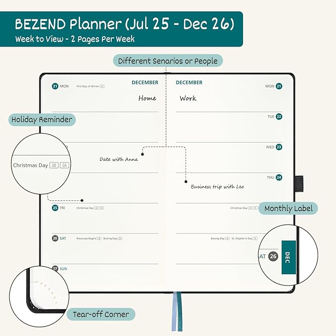 BEZEND Pocket Planner 2025-2026 Weekly with 2 Columns, 18-Month Academic Calendar (Jul 25-Dec 26), Life Work Appointment, Storage Pocket, Pen Holder, PU Leather Hardcover 3.5" x 6" - Fruit Green