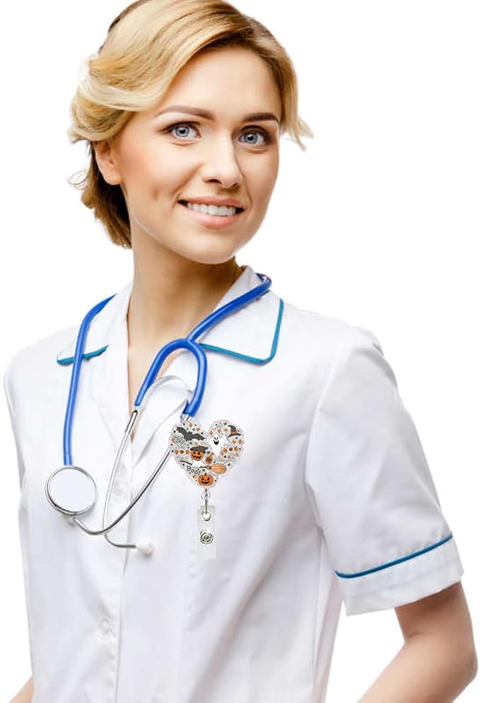 Halloween Ghost Badge Reel Fun Halloween Retractable ID Badge Reel for Nurse, Heart Shape Acrylic Pumpkin Badges Holder with Alligator Clip Fun Holiday Gifts for Nurses Medical Assistant Nursing Staff