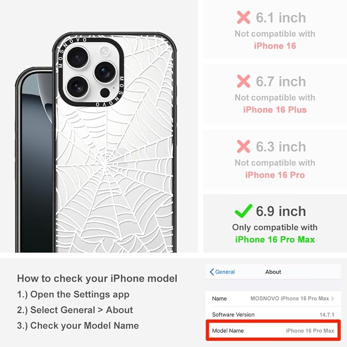 MOSNOVO Case for iPhone 16 Pro Max, [10ft 4X Military-Grade Drop Protection] Durable & Shockproof Phone Case Cover Design for iPhone 16 Pro Max - Spider Web - Clear Black