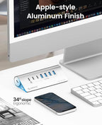 ORICO 7 Port USB Hub 10Gbps, Aluminum USB 3.2 Gen 2 Hub, 6 USB 3.2 Data Ports, 1 PD 60W Ports, 24V 3A Power Adapter, 3.28Ft A to C Cable, USB Data Hub for Laptop