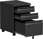3 Drawer File Cabinet on Wheels, Mobile File Cabinet with Lock for Letter/Legal/A4 File, Metal Rolling File Cabinets for Home Office (Black)
