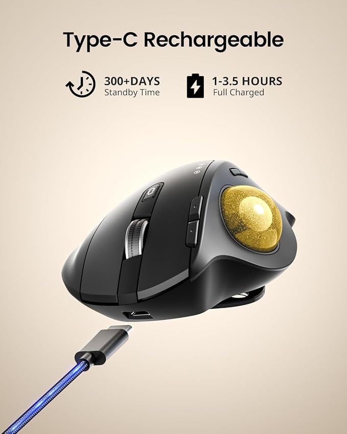 ProtoArc Wireless Trackball Mouse, EM01 NL Ergonomic Bluetooth Rollerball Thumb Rechargeable Computer Laptop Mouse, Adjustable Angle & 3 Device Connection for PC, Mac, Windows-Gold Ball