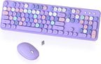 Colorful Wireless Keyboard and Mouse Combo, COVEVA 2.4GHz Wireless Retro Cute Round Keycaps Keyboard, 104 Keys Full-Sized Keyboard Mouse Set with Switch Button for PC Laptop Desktop (Purple Colorful)