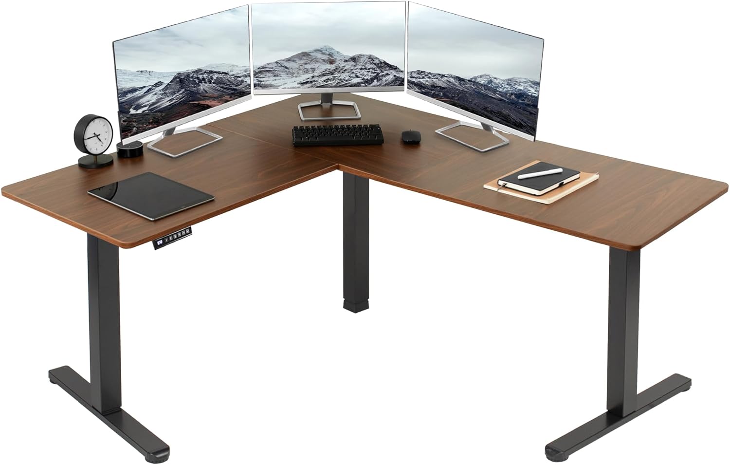 VIVO Electric Corner L-Shaped 63 x 55 in Standing Desk, Memory Height Adjustment, Dark Walnut Top Black Frame, DESK-E3CTD