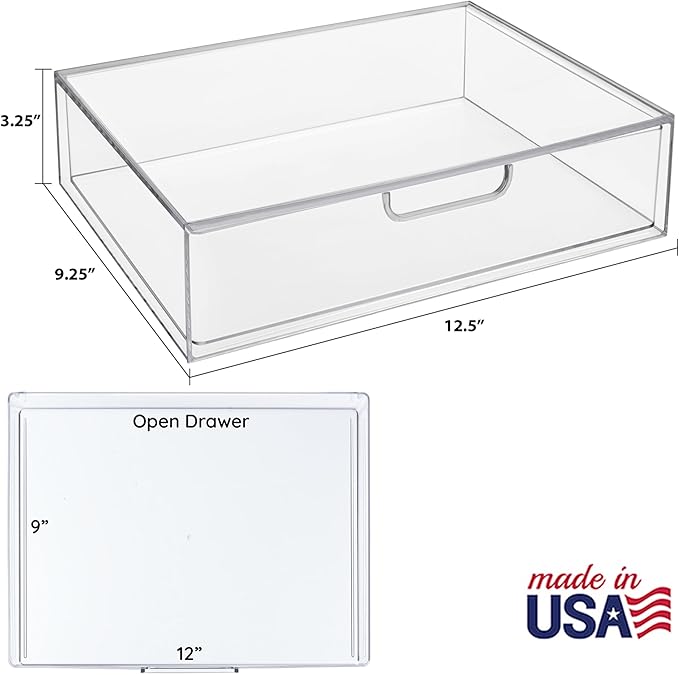 STORi STAX Plastic Stackable Organizer Drawer in Clear | 12.5-inches Wide | Organize Office Desk Accessories and Sort Letter-Size Paper | Made in USA