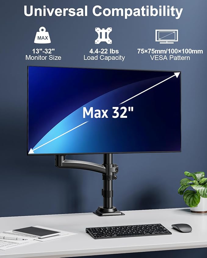 Single Monitor Mount Holds Max 22lbs, 13-32 inch Monitor Desk Mount, Height Adjustable Tall Monitors Arm, Monitors Stand with Tilt Swivel Rotation, VESA 75 100mm, Black, Freelift