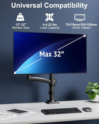 Single Monitor Mount Holds Max 22lbs, 13-32 inch Monitor Desk Mount, Height Adjustable Tall Monitors Arm, Monitors Stand with Tilt Swivel Rotation, VESA 75 100mm, Black, Freelift