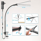 LED Desk Lamp for Home Office, Bright Double Head Desk Lamp with Clamp, Dimmable 5 Color Modes Desk Lighting, 12W Eye-Caring Architect Table Lamp for Workbench, Monitor, Reading, Study, 1400lm