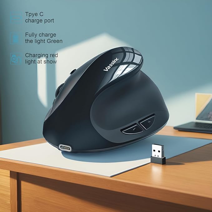 Vassink Ergonomic Mouse, Vertical Wireless Mouse,Mini Mouse Rechargeable 2.4G Optical Carpal Tunnel Mice: 800/1200 / 1600 DPI, 6 Buttons, for Laptop, PC, Computer, Desktop, Notebook etc