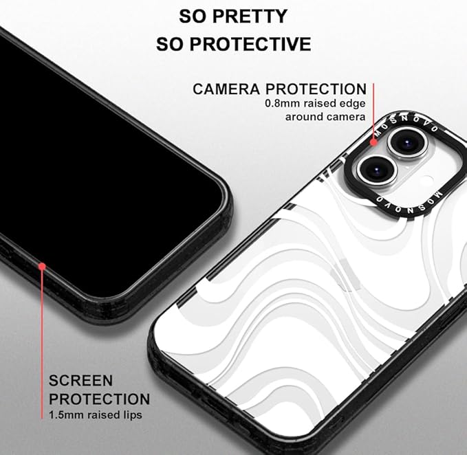 MOSNOVO Case for iPhone 16 Plus, [10ft 4X Military-Grade Drop Protection] Durable & Shockproof Phone Case Cover Design for iPhone 16 Plus - White Swirl - Clear Black