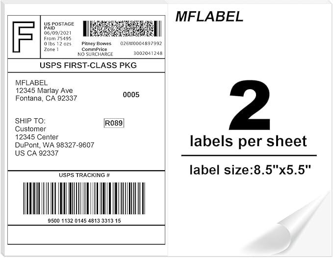MFLABEL Half Sheet Labels with Self Adhesive, 8.5 x 11 Inches Packaging Labels, Address Labels, Shipping Labels for Laser & Inkjet Printers, 50 Count(25 Sheets)