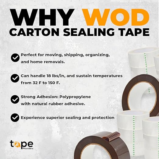 WOD CST20WBA Tan Packing Tape - 2" in. x 60 Yards Per Roll (6 Rolls) - Strong Heavy-Duty Industrial Shipping Box Packaging Tape for Moving, Office, & Storage