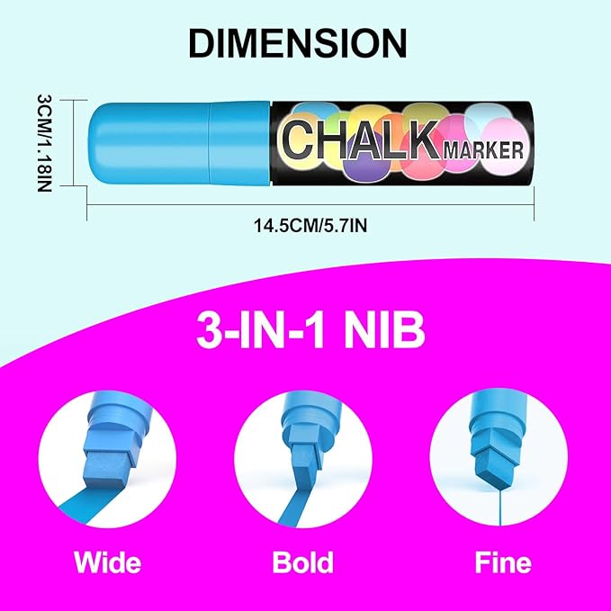 12 Colors Washable Window Markers for Cars, 15mm Jumbo Liquid Chalk Markers, 3 in 1 Nib, Metallic & Neon Paint Glass Pen for Auto, Chalkboard, Blackboard, Bistro, Menus and Any Non-Porous Surface