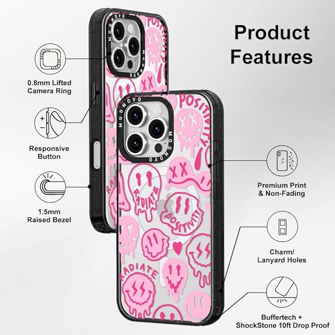 MOSNOVO Magnetic Case for iPhone 16 Pro, 10ft Military-Grade Protection, Compatible with Magsafe, Shockproof Phone Case for iPhone 16 Pro - Pink Dripping Smiles - Clear Black