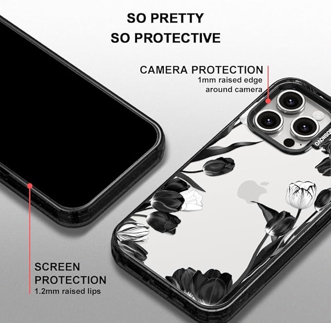 MOSNOVO Case for iPhone 15 Pro Max, [10ft 4X Military-Grade Drop Protection] Durable & Shockproof Phone Case Cover Design for iPhone 15 Pro Max - Black White Tulips - Clear Black