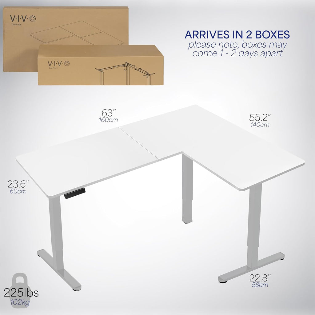 VIVO Electric Corner L-Shaped 63 x 55 in Standing Desk, Memory Height Adjustment, White Top Gray Frame, DESK-E3CTGW