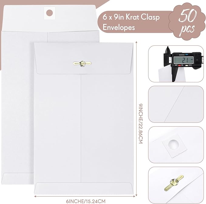 Teling 50 Pcs Manilla Envelopes Clasp Kraft Catalog with Closure for Storing Mailing 28 lb Kraft Envelope Paper for Office Document School Business Home(White,6 * 9)