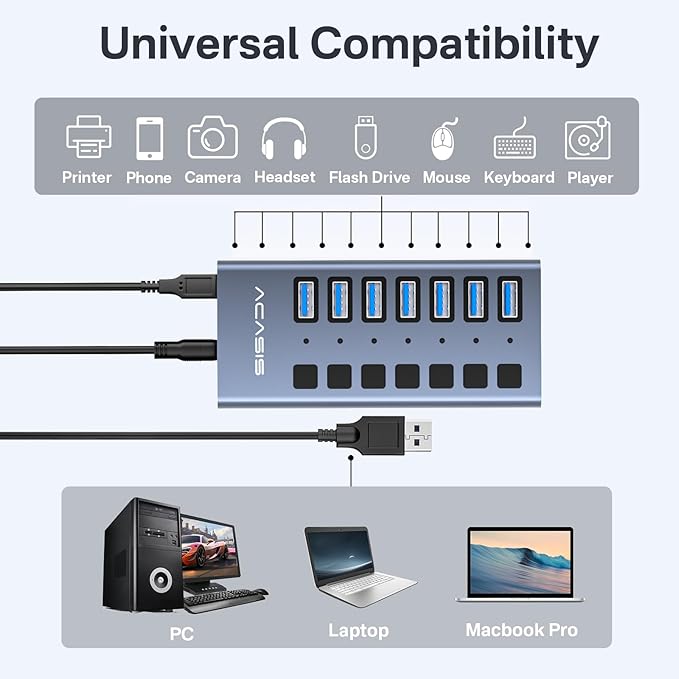 Powered USB 3.1 Hub, ACASIS 7 Ports USB 3.1 Hub with 10Gbps Data Speed，Aluminum Housing, USB Hub Powered with 24W Power Adapter, USB Hub for PC/Laptop, Computer, Flash Drive, Printer, Camera