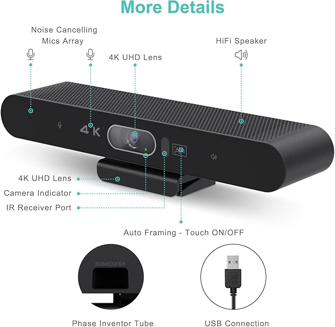 4K Pro Audio and Video Conference Room Camera with Remote Control for Windows TV, AI-Powered HD Webcam with Microphone & Speaker for Desktop Computer/PC/Monitor/Laptop/Teams/Zoom/Skype