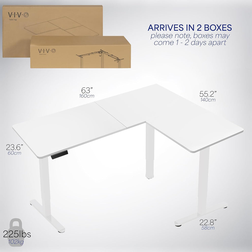 VIVO Electric Corner L-Shaped 63 x 55 in Standing Desk, Memory Height Adjustment, White Top White Frame, DESK-E3CTW