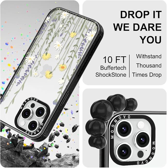 MOSNOVO Case for iPhone 13 Pro Max, [10ft 4X Military-Grade Drop Protection] Durable & Shockproof Phone Case Cover Design for iPhone 13 Pro Max - Wild Meadow - Clear Black