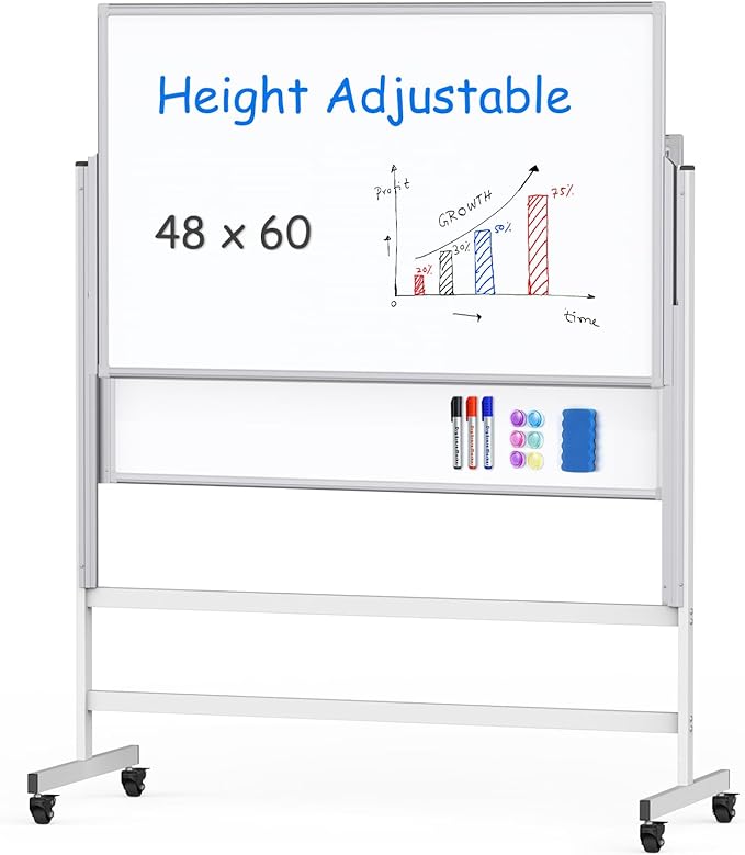 maxtek Dry Erase Whiteboard Height Adjustable, Easel Stand Rolling White Board on Wheels - 48 x 60 Large Mobile Dry Erase Board, 4' x 5' Double Sided Magnetic Whiteboard for School Office Home