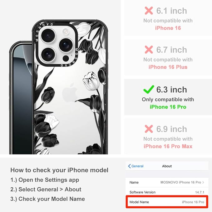MOSNOVO Case for iPhone 16 Pro, [10ft 4X Military-Grade Drop Protection] Durable & Shockproof Phone Case Cover Design for iPhone 16 Pro - Black White Tulips - Clear Black