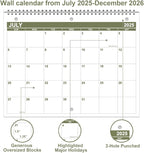 Calendar 2025-2026 for 3 Ring Binder - Calendar 2025-2026 from July 2025 - December 2026, 18 Months Calendar with Premium Paper, 3-Hole Wall Calendar, 8.5" x 11", Green