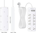 25 FT Power Strip with Surge Protection 1625W/13A, 14 Outlets and 4 USB Ports (1 USB-C), 16AWG, 1700J Flat Plug, White, ETL Listed