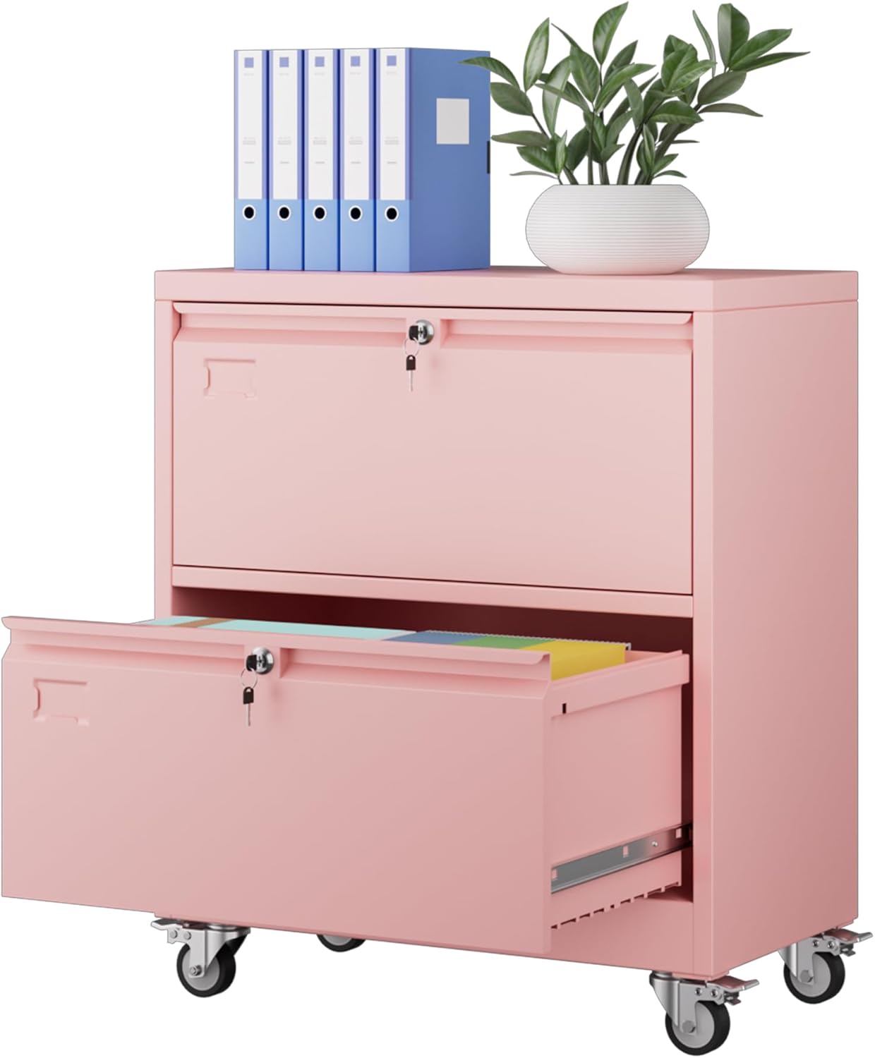 METAN Upgrade 2 Drawers Lateral File Cabinet on Wheels,Steel Office Filing Storage Cabinet with 2 Locks,Assembly Required,Pink