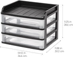 IRIS USA Plastic Desk Top 3-Drawer Storage Organizer with Paper Tray Top, 1-Pack, for Makeup Vanity Nail Polish Bathroom Stationery Art Craft Supplies Kitchen Office Garage Organization, Medium, Black