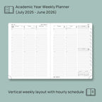 POPRUN Planner 2025-2026, (Medium 6.5'' x 8.5'' Hard Cover) Academic Calendar (July 25-June 26) Daily Weekly and Monthly Appointment Book with Hourly Time Slots, Monthly Tabs, 100 GSM - Light Pink