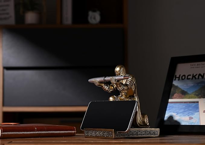 Windbreaker Soldier Knight Pen Holder Personalized Desk Accessory, Mobile Phone & Gaming Controller Holder, Device Stand Gift for Medieval Enthusiasts (Bronze)
