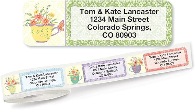 Teacups Rolled Personalized Return Address Mailing Labels with Dispenser, Set of 500, 5 Designs, Small ¾ x 2½ Inch Size, Custom Self-Adhesive Sticker Roll, by Colorful Images