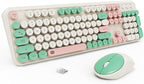 Keyboard and Mouse Wireless,2.4Ghz Retro Typewriter Style Round Keycap,Full Size Wireless Keyboard Mouse Combo,Cute Cordless Keyboard Mouse Set for PC Laptop Desktop Computer-Milk White Green Colorful