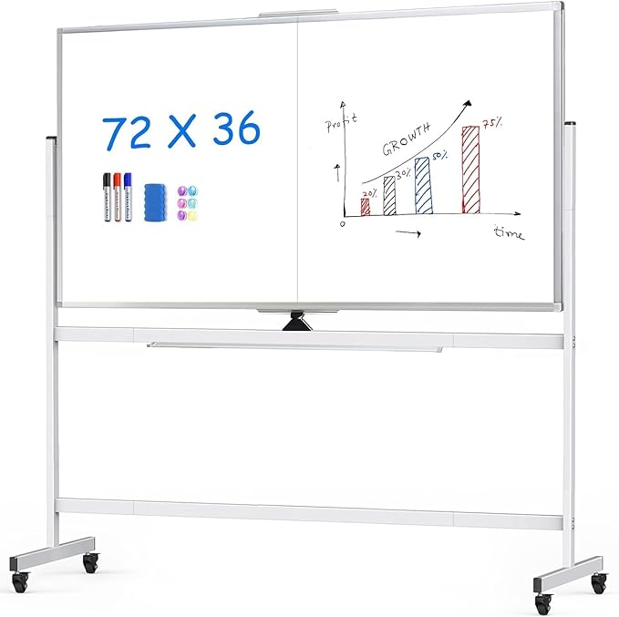 maxtek Rolling Whiteboard,72"x36" White Board with Stands Movable Dry Erase Board on Wheels, Large Double Sided Standing Whiteboard for Office School Classroom Presentation Supplies