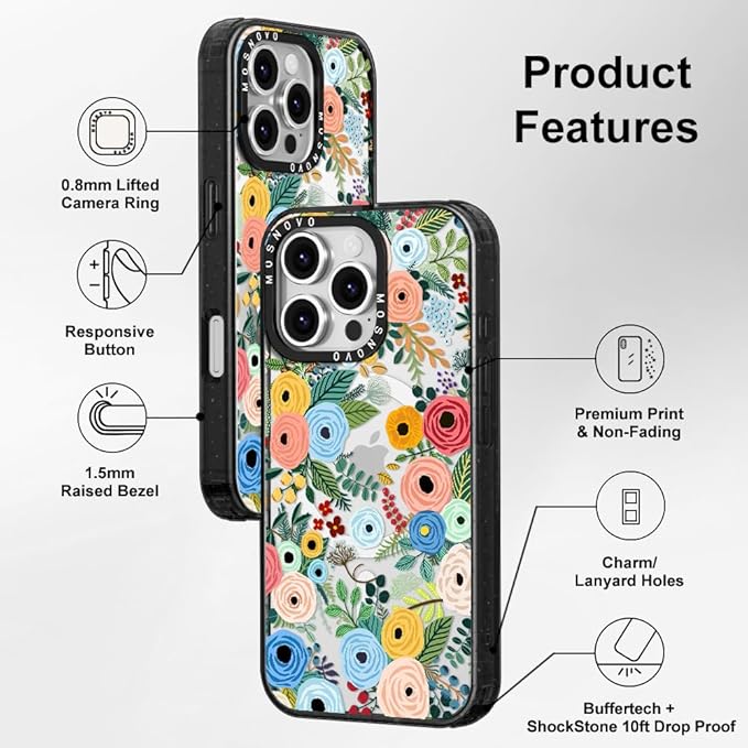 MOSNOVO Magnetic Case for iPhone 16 Pro, 10ft Military-Grade Protection, Compatible with Magsafe, Shockproof Phone Case for iPhone 16 Pro - Pastel Floral Garden - Clear Black