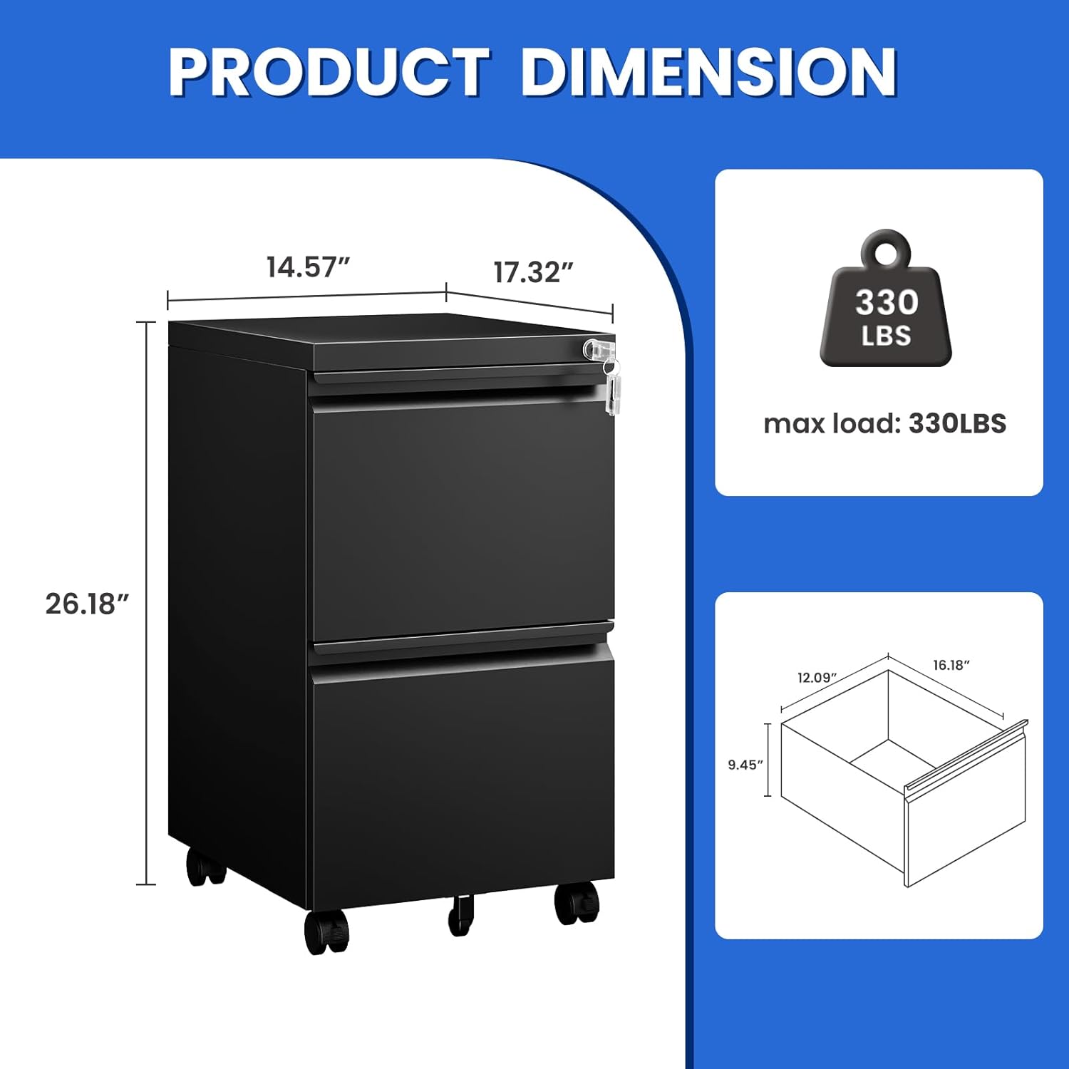 MIIIKO 2 Drawer File Cabinet on Wheels, Home Office Mobile File Drawers Under Desk, Filing Cabinets with Drawers for Legal/Letter/A4 File Folders(Black),Un-Assembled