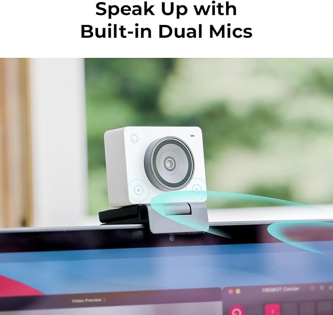 OBSBOT Meet 2 Webcam 4K - AI Framing & Auto Tracking, 1/2" Sensor, 60FPS, Auto Focus, HDR, Dual Mics - Lightweight USB Web Camera for Streaming, Zoom Meetings, Gaming. (Aurora Green)