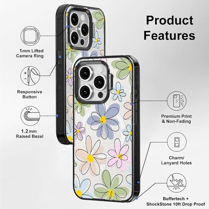 MOSNOVO Magnetic Case for iPhone 15 Pro, 10ft Military-Grade Protection, Compatible with Magsafe, Shockproof Phone Case for iPhone 15 Pro - Linear Blooms - Clear Black