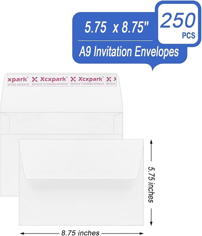 250 Qty Printable A9 Invitation Envelopes 5.75 x 8.75 Cards, Self Seal 120GSM white Paper Envelopes for Invitations, Papers, Photos, Documents, Wedding, Baby Shower, Easy to Seal and Peel