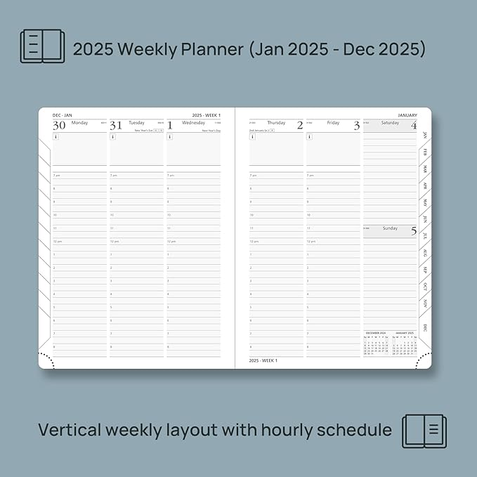 POPRUN 2025 Planner (Medium Size 8.5''x 6.5'' Hardcover) - Daily Weekly and Monthly Calendar Agenda 2025 Appointment Book with Hourly Time Slots, Monthly Tabs, 100 GSM - Pacific Green