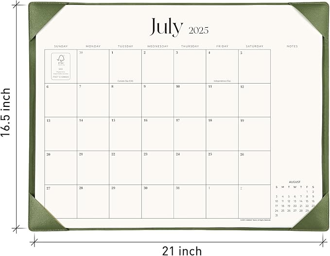 Simplified Desk Calendar 2025-2026 with Desktop Mat, Cabbrix Large Desk Pad Calendar 21" x 16-1/2" Runs From July 2025 to December 2026, Desk Blotter Calendar for Home School and Office (Mint Green)