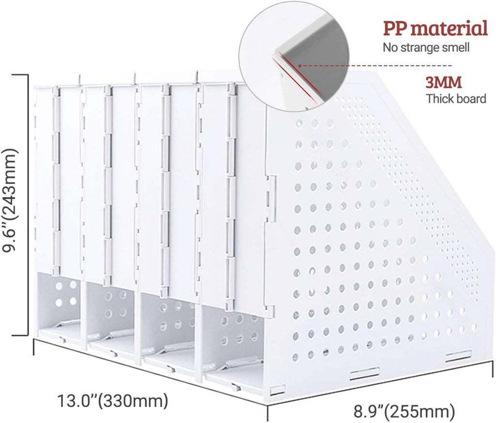 SAYEEC Collapsible Magazine Holder Plastic Desktop 4 Compartment File Desk Magazine Organizer Vertical File Divider Sorter Storage Document Organizer for Office Home School Gray